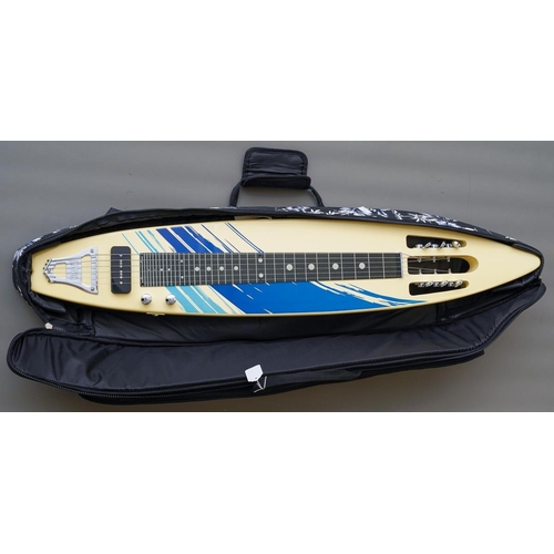 335 - A Chinese made Mahalo Hawaiian surf board style six string Lap steel guitar, with legs, in branded s... 