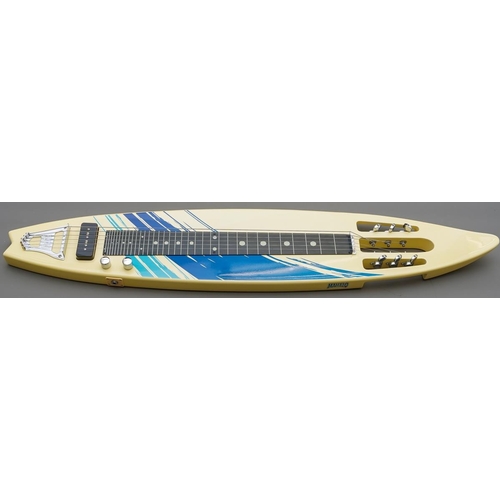 335 - A Chinese made Mahalo Hawaiian surf board style six string Lap steel guitar, with legs, in branded s... 