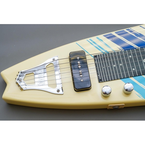 335 - A Chinese made Mahalo Hawaiian surf board style six string Lap steel guitar, with legs, in branded s... 