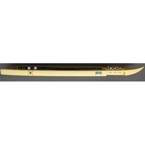 335 - A Chinese made Mahalo Hawaiian surf board style six string Lap steel guitar, with legs, in branded s... 