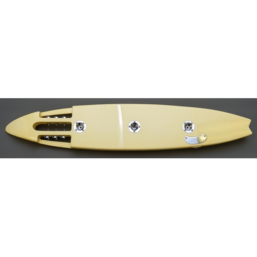 335 - A Chinese made Mahalo Hawaiian surf board style six string Lap steel guitar, with legs, in branded s... 