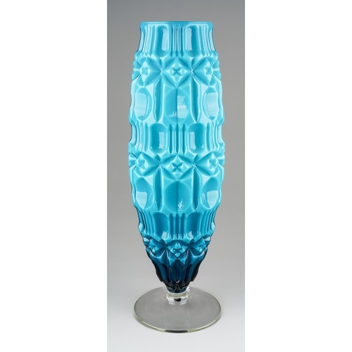 585 - An Italian Empoli glass Tiki vase in turquoise, clear glass circular foot, height 47cm