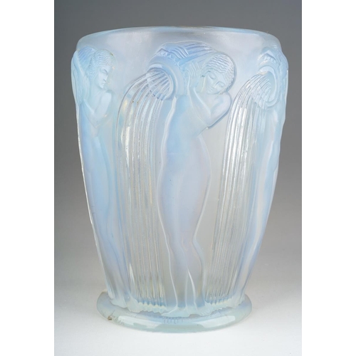 A Lalique "Danaides" opalescent and frosted glass vase with depictions of Classical figures carrying water, signed R LALIQUE FRANCE to underside., approx 18.5cm high  (two chip to base)