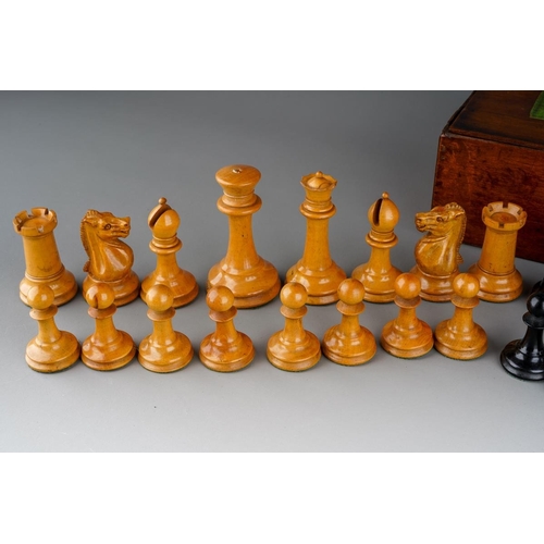 750 - Antique boxed Jaques Staunton pattern boxwood and ebony chess set. Between 1862-1880 in date. The Ki... 