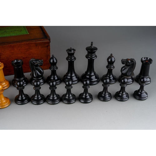 750 - Antique boxed Jaques Staunton pattern boxwood and ebony chess set. Between 1862-1880 in date. The Ki... 