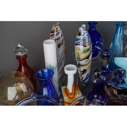 Two boxes of coloured glassware, including studio glass, Murano style ...