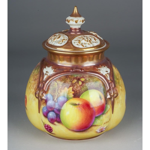 A Royal Worcester hand painted fruit study pot pourri, the gilt and ivory ground pierced cover with knop finial, the lobed body decorated with four panels of fallen fruit of apples, grapes, pears, blackberries and a cherry, signed P. Platt, shape no. H175, black printed marks, height 11cm (1)
