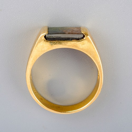 2 - Yellow metal ( marked 18k) ring set with ammolite, UK size S, gross weight approx. 8.8g