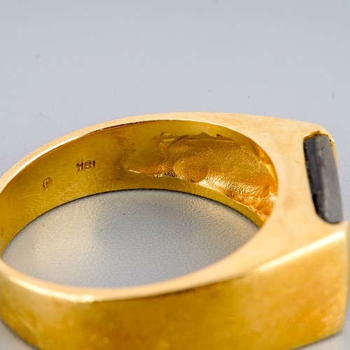 2 - Yellow metal ( marked 18k) ring set with ammolite, UK size S, gross weight approx. 8.8g