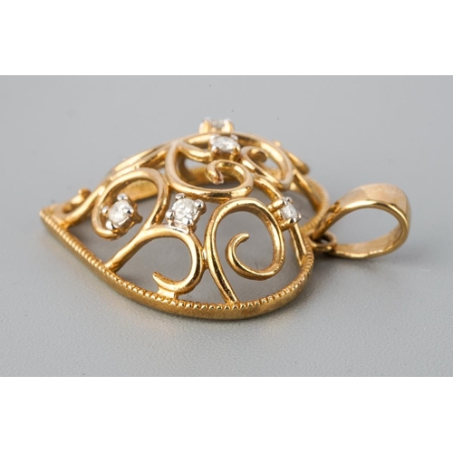 14 - 9 ct gold heart pendant set with 6 small diamond chips, gross weight approx. 2.2g, 2.1cm at widest