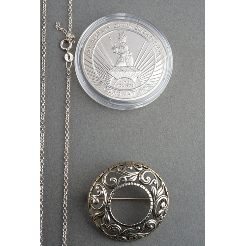 16 - Two white metal ( marked 925) necklaces, silver brooch, commemorative coin and white metal mesh bag.