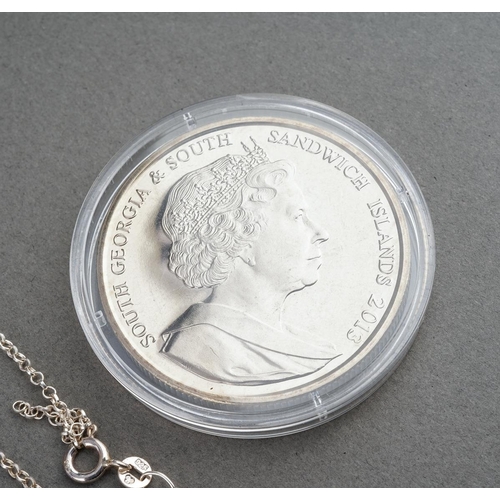 16 - Two white metal ( marked 925) necklaces, silver brooch, commemorative coin and white metal mesh bag.