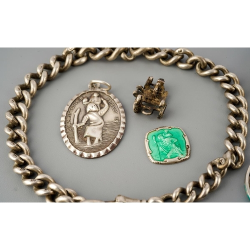 21 - Hallmarked silver fob with a yellow metal ( tests as gold) centre, various silver chains and pendant... 