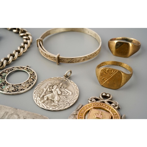 21 - Hallmarked silver fob with a yellow metal ( tests as gold) centre, various silver chains and pendant... 