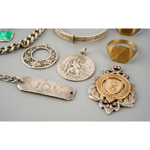 21 - Hallmarked silver fob with a yellow metal ( tests as gold) centre, various silver chains and pendant... 