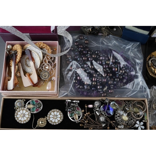 31 - Collection of silver earrings, white metal bangle, long honora pearl necklace, costume jewellery, wa... 