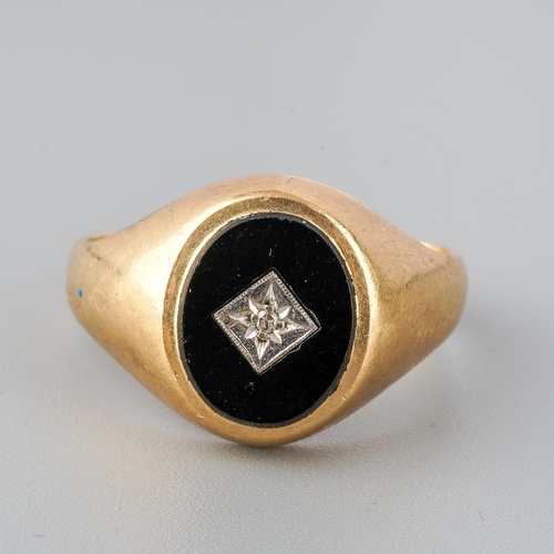 34 - 9ct gold and onyx men's ring set with inclusion set diamond to centre, UK size S ( slightly misshape... 