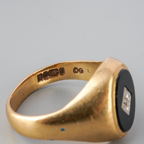 34 - 9ct gold and onyx men's ring set with inclusion set diamond to centre, UK size S ( slightly misshape... 