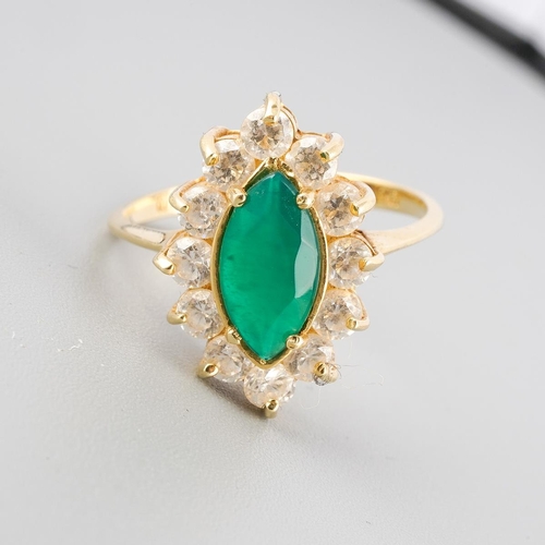 44 - A dyed chalcedony and cubic zirconia cluster ring. Approx ring size N 1/2, stamped 14k Turkey, appro... 