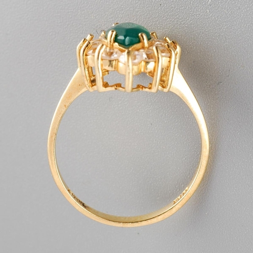 44 - A dyed chalcedony and cubic zirconia cluster ring. Approx ring size N 1/2, stamped 14k Turkey, appro... 