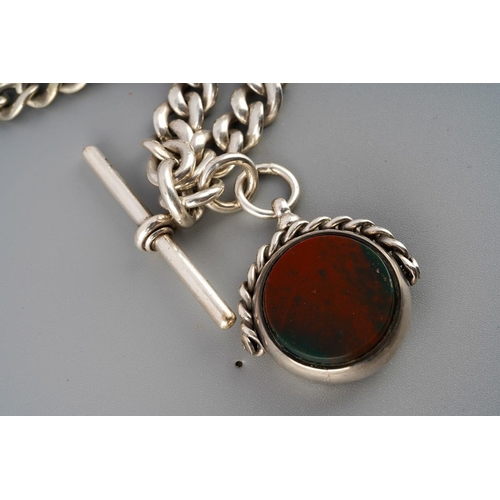 48 - Silver T bar Albert Chain with hardstone seal, gross weight approx. 62.5g, 45 cm long