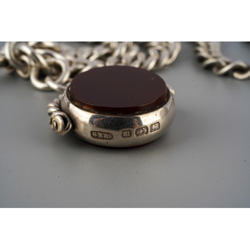 48 - Silver T bar Albert Chain with hardstone seal, gross weight approx. 62.5g, 45 cm long