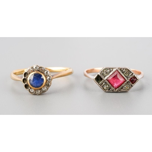 55 - An early 20th century 18ct gold sapphire and diamond cluster ring, together with a paste set ring. T... 