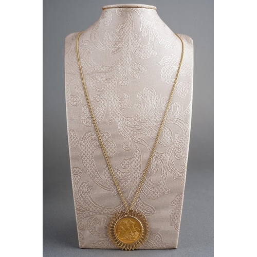 59 - 1913 sovereign on 9 ct gold mounts and a yellow metal ( marked 9 ct) chain. Gross total weight appro... 