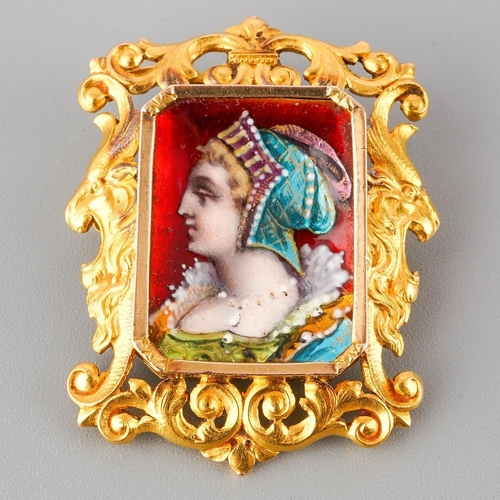 French  yellow metal ( marked for 18k gold with French hallmarks ) and enamel brooch. Enamel centre possibly by Limoges, discretely signed on the right bottom corner. Measuring approx. 2.7 cm x 3.2 cm, approx. gross weight 11.7g