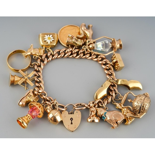 A charm bracelet. The solid curb link bracelet with padlock clasp, suspending a series of charms, a 22ct gold wedding band and a full sovereign dated 1912, approx length of bracelet 170mm, approx gross weight 73.36 grams.