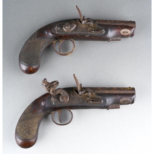 A Pair of Flint Lock Pistols by Shaw Length 7.5inches each, engraved ...