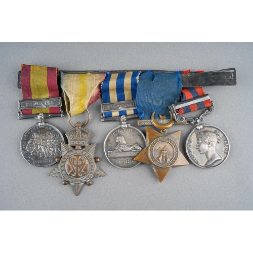 An Outstanding Campaign Group of five to Piper Wotherspoon KOSB late 72nd Highlanders.

Afghanistan 1878-80 bar Kandahar, correctly engraved 58B/969 Pte J Wotherspoon 72nd Highrs

Kabul to Kandahar Star, correctly engraved 58B/969 Prive J Wotherspoon 72nd Highlanders

Egypt and Sudan 1882-89, dated 1882 reverse, clasp Tel-El- Kebir, correctly engraved S/289 Pte J Wotherspoon 1/Sea

Khedives Star 1884, unnamed as issued.

India General Service 1854-95, clasp Chin-Lushai 1889-90, correctly engraved 254 Piper J Wotherspoon 1st Bn K O Sco Bord.

Wing moutned as worn 

Condition fine to NVF ( edge bruising and contacting, naming rubbed on Afghanistan Medal and more so on Egypt Medal)

A scare combination.  

Medals confirmed on the rolls