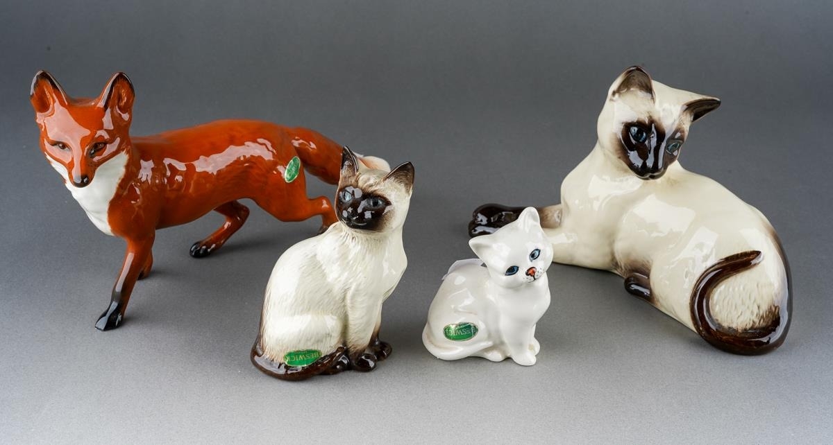 Beswick models to include: Fox, Siamese Cat 1887 with label, White Cat ...