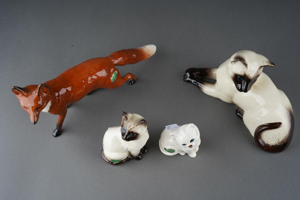 Beswick models to include: Fox, Siamese Cat 1887 with label, White Cat ...