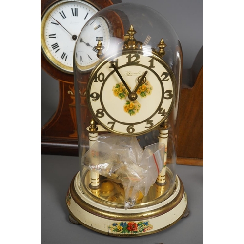 63 - Four various 20th century wall and mantel clocks, comprising an Edwardian balloon shaped mahogany an... 