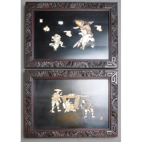 66 - Two early 20th century Japanese shibayama panels in foliate carved frames, one depicting two male fi... 