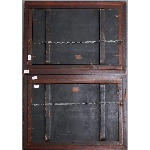 66 - Two early 20th century Japanese shibayama panels in foliate carved frames, one depicting two male fi... 