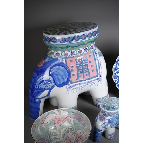 75 - A small collection of modern Chinese ceramics, comprising a garden seat in the form of an elephant, ... 