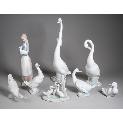 77 - Eight Nao figures of ducks and geese, including with a girl holding a duck, various sizes, height of... 