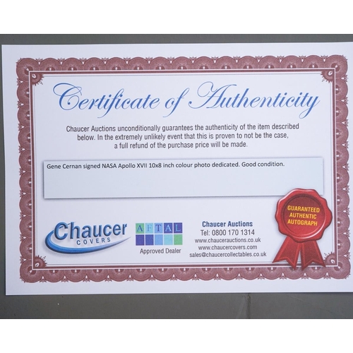 378 - Gene Cernan signed NASA Apollo XVII [10x8] colour photo with dedication 