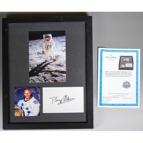 383 - APOLLO 11: a framed and glazed BUZZ ALDRIN display of two photographs together with a signed card 

... 