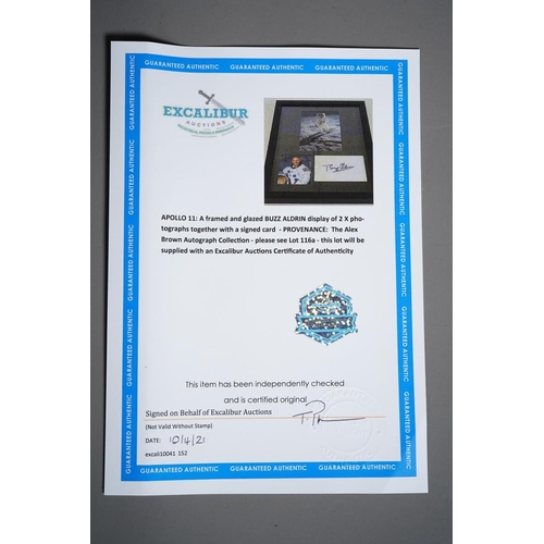 383 - APOLLO 11: a framed and glazed BUZZ ALDRIN display of two photographs together with a signed card 

... 