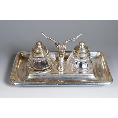 387 - An early 20th Century German WMF early 20th Century electroplated pen and ink stand, the centre with... 