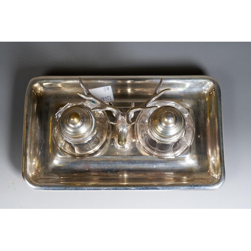 387 - An early 20th Century German WMF early 20th Century electroplated pen and ink stand, the centre with... 