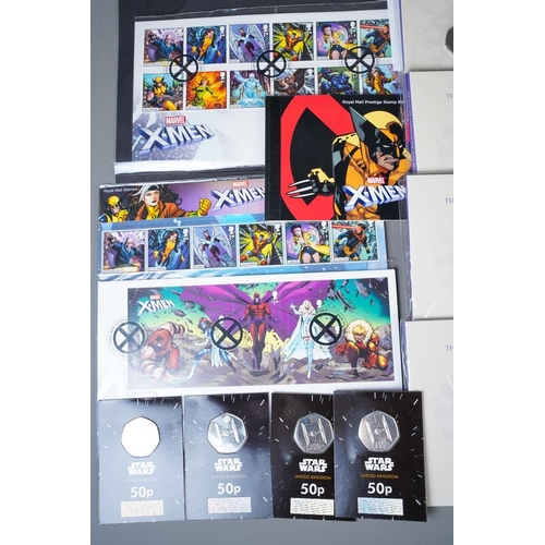 393 - A small collection of coins and stamps relating to popular culture / TV / Film, including a Marvel X... 