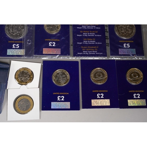 394 - Three Change Checker Commemorative Coin Sets of 50 pence, £2 and £5 coins, (15 coins), 16 x £2 coins... 