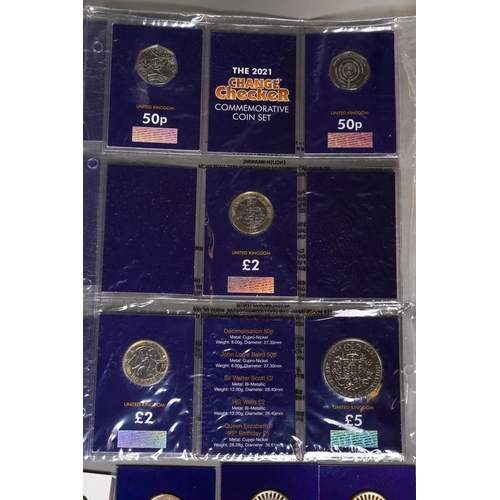 394 - Three Change Checker Commemorative Coin Sets of 50 pence, £2 and £5 coins, (15 coins), 16 x £2 coins... 