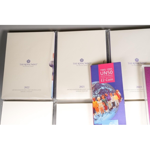 397 - Seven Royal Mint United Kingdom Brilliant Uncirculated Definitive Coin Sets, 2 x 2021, 2 x 2022, 1 x... 
