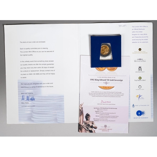 401 - An Edward VII 1902 Sydney mint gold full sovereign, comes with The London Mint Office documentation ... 
