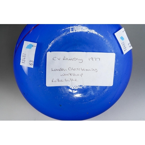 403 - A 1970's English Studio Glass blue and red glass vase by C V Ramsay, circa 1977, height 11cm  [1]